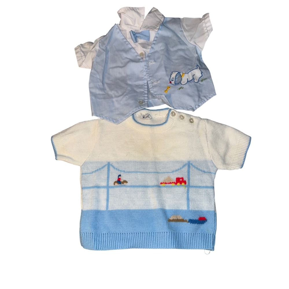 Vintage Baby Boy 2 Pc Outfit Little Angel Sweater Puppy Vest Shirt Blue White